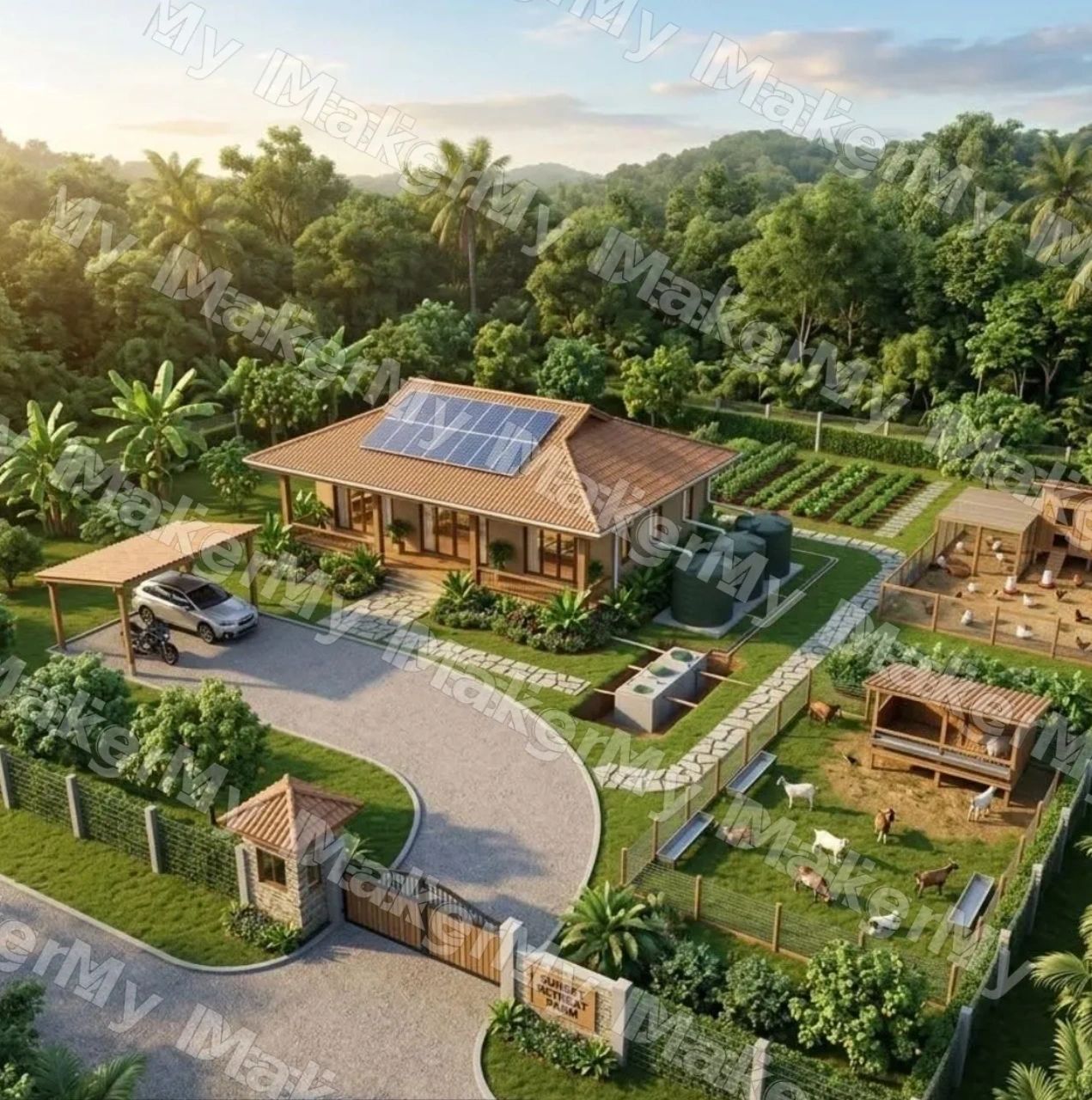 Concept render of a completed farm estate with farmhouse, solar roof, kitchen garden and animal zones