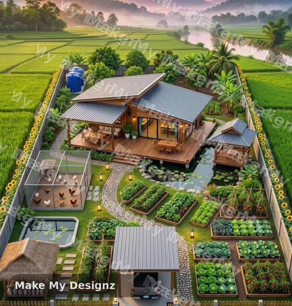 Farmhouse with kitchen garden and pond concept
