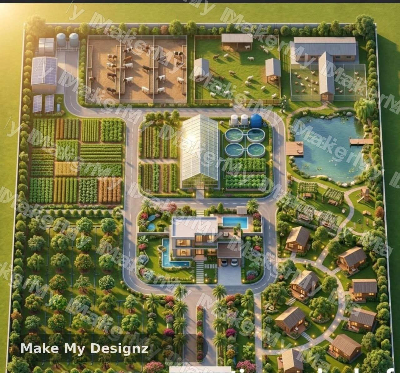 Master plan render of a complete farm estate with orchards, cottages, greenhouse and villa